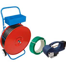 Profi-Umreifungsset, mit Abrollwagen lackiert, Akku-Umreifungsgerät BW-ECO-Plus & KU Polyesterband, L 2000 m x B 15,5 mm, Stärke 0,65 mm, geprägt, grün