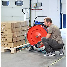 Profi-Umreifungsset, mit Abrollwagen Premium X, Akku-Umreifungsgerät BW-04 & KU Polyesterband, L 1200 m x B 18,5 mm, Stärke 0,85 mm, geprägt, grün