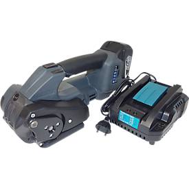 Profi-Umreifungsset, mit Abrollwagen Premium X, Akku-Umreifungsgerät BW-04 & KU Polyesterband, L 1200 m x B 18,5 mm, Stärke 0,85 mm, geprägt, grün