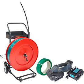 Profi-Umreifungsset, mit Abrollwagen Premium X, Akku-Umreifungsgerät BW-04 & KU Polyesterband, L 1200 m x B 18,5 mm, Stärke 0,85 mm, geprägt, grün
