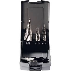 Projahn Stufenbohrer-Set, HSS-G, 3-teilig, Ø 4–12 / 6–20 / 6–30 mm, in Kassette, zylindrischer Schaft