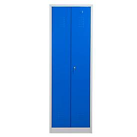 Putzmittelschrank, B 600 mm, 4 Böden, verkürzte Mitteltrennwand, abschließbar, enzianblau RAL 5010/l.grau RAL 7035