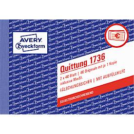 Quittung Avery Zweckform 1736-5, inkl. MwSt., A6 Querformat, 5 Blöcke mit jeweils 2 x 40 Blatt, FSC®-Papier, weiß/gelb