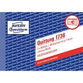 Quittung Avery Zweckform 1736, inkl. MwSt., A6 Querformat, 1 Block mit 2 x 40 Blatt, FSC®-Papier, weiß/gelb