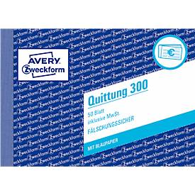 Quittung Avery Zweckform 300, inkl. MwSt., A6 Querformat, 1 Block mit 50 Blatt, FSC®-Papier, weiß