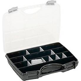 Raaco Allzweckkoffer Assorter A 46, mit 21 losen Trennwänden, B 388 x T 290 x H 61 mm, aus Polypropylen, transparent/schwarz