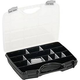 Raaco Allzweckkoffer Assorter A 47, mit 21 losen Trennwänden, B 460 x T 350 x H 81 mm, aus Polycarbonat/Polypropylen, transparent/schwarz