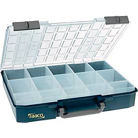 Raaco Sortimentskoffer CarryLite 80 5x10-15, mit 15 Einsätzen, B 413 x T 330 x H 79 mm, aus Polycarbonat/Polypropylen, transparent/blau