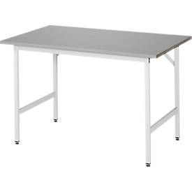 Rau Arbeitstisch Jerry, manuell höhenverstellbar, 25 mm MDF-Platte mit Edelstahlbelag, bis 300 kg, B 1250 x T 800 x H 800-850 mm, silber/lichtgrau