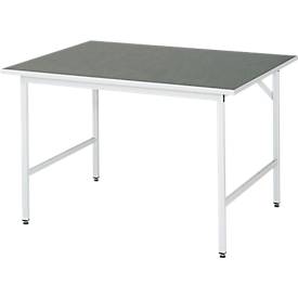 Rau Arbeitstisch Jerry, manuell höhenverstellbar, 25 mm Spanplatte mit Linoleumbelag, bis 300 kg, B 1250 x T 1000 x H 800-850 mm, hellgrau/lichtgrau