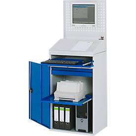 Rau Computerschrank 61, stationär, separat nutzbares Tastatur-/Flügeltürfach, bis 200 kg, B 650 x T 520 x H 1770 mm, Stahlblech, lichtgrau/enzianblau