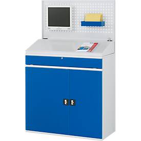 Rau Computerschrank 61T, stationär, separat nutzbares Tastatur-/Flügeltürfach, bis 200 kg, B 1100 x T 520 x H 1770 mm, Stahlblech, lichtgrau/enzianblau