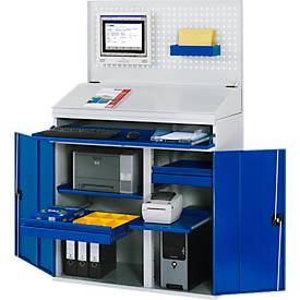 Rau Computerschrank 61T, stationär, separat nutzbares Tastatur-/Flügeltürfach, bis 200 kg, B 1100 x T 520 x H 1770 mm, Stahlblech, lichtgrau/enzianblau