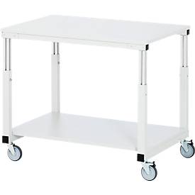 Rau Tischwagen Serie E, 2 Etagen, EGB-Melaminplatten, Stahlrohr-Gestell, 4 TPE-Lenkrollen, B 700 x T 500 x H 650-1000 mm, bis 450 kg, lichtgrau