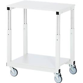 Rau Tischwagen Serie E, 2 Etagen, Melaminplatten, Stahlrohr-Gestell, 4 TPE-Lenkrollen, B 700 x T 500 x H 650-1000 mm, bis 450 kg, lichtgrau