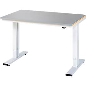 Rau Werktisch Adlatus, elektrisch höhenverstellbar, 25 mm MDF-Platte mit Edelstahlbelag, bis 300 kg, B 1250 x T 800 x H 720-1120 mm, silber/lichtgrau