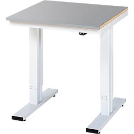 Rau Werktisch Adlatus, elektrisch höhenverstellbar, 25 mm MDF-Platte mit Edelstahlbelag, bis 300 kg, B 750 x T 800 x H 720-1120 mm, silber/lichtgrau