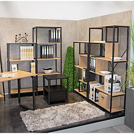 Regal HAKU, 4 Fachböden mit jeweils bis zu 15 kg Tragkraft, B 640 x T 350 x H 1670 mm, Stahl/Holz, schwarz/helles Eiche-Dekor