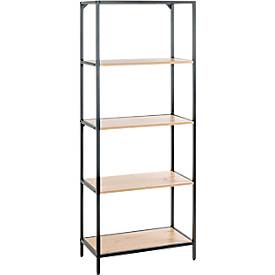 Regal HAKU, 4 Fachböden mit jeweils bis zu 15 kg Tragkraft, B 640 x T 350 x H 1670 mm, Stahl/Holz, schwarz/helles Eiche-Dekor