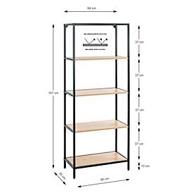 Regal HAKU, 4 Fachböden mit jeweils bis zu 15 kg Tragkraft, B 640 x T 350 x H 1670 mm, Stahl/Holz, schwarz/helles Eiche-Dekor