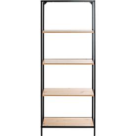 Regal HAKU, 4 Fachböden mit jeweils bis zu 15 kg Tragkraft, B 640 x T 350 x H 1670 mm, Stahl/Holz, schwarz/helles Eiche-Dekor