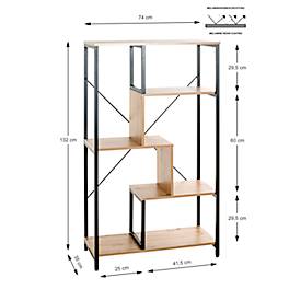 Regal HAKU, 4 Fachböden mit jeweils bis zu 40 kg Tragkraft, B 740 x T 350 x H 1320 mm, Stahl/Holz, schwarz/helles Eiche-Dekor