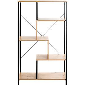 Regal HAKU, 4 Fachböden mit jeweils bis zu 40 kg Tragkraft, B 740 x T 350 x H 1320 mm, Stahl/Holz, schwarz/helles Eiche-Dekor