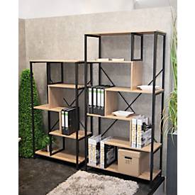 Regal HAKU, 5 Fachböden mit jeweils bis zu 50 kg Tragkraft, B 840 x T 350 x H 1630 mm, Stahl/Holz, schwarz/helles Eiche-Dekor