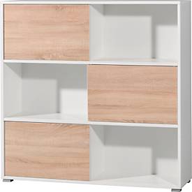 Regal Home Office, 3 Ordnerhöhen, mit Schiebetüren, B 1200 x T 350 x H 1190 mm, Spanplatte, Korpus weiß, Front Sonoma Ei