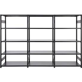 Regalkombination ORDO Business, 1 Grundregal + 2 Anbauregale, 15 Böden, modular, Fachlast 130 kg, Feldlast 1000 kg, B 3980 x T 835 x H 2500 mm, tiefschwarz
