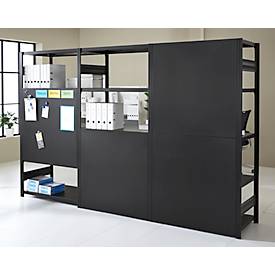 Regalkombination ORDO Business, 1 Grundregal + 2 Anbauregale, 15 Böden, modular, Fachlast 140 kg, Feldlast 1200 kg, B 3080 x T 535 x H 2000 mm, tiefschwarz