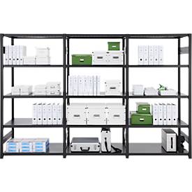 Regalkombination ORDO Business, 1 Grundregal + 2 Anbauregale, 15 Böden, modular, Fachlast 140 kg, Feldlast 1200 kg, B 3080 x T 535 x H 2000 mm, tiefschwarz