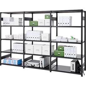 Regalkombination ORDO Business, 1 Grundregal + 2 Anbauregale, 15 Böden, modular, Fachlast 140 kg, Feldlast 1200 kg, B 3080 x T 535 x H 2000 mm, tiefschwarz