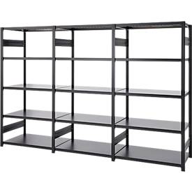 Regalkombination ORDO Business, 1 Grundregal + 2 Anbauregale, 15 Böden, modular, Fachlast 140 kg, Feldlast 1200 kg, B 3080 x T 535 x H 2000 mm, tiefschwarz