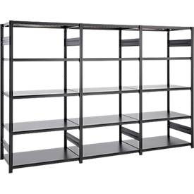 Regalkombination ORDO Business, 1 Grundregal + 2 Anbauregale, 15 Böden, modular, Fachlast 140 kg, Feldlast 1200 kg, B 3080 x T 535 x H 2000 mm, tiefschwarz