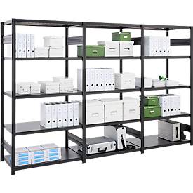 Regalkombination ORDO Business, 1 Grundregal + 2 Anbauregale, 15 Böden, modular, Fachlast 140 kg, Feldlast 1200 kg, B 3080 x T 635 x H 2000 mm, tiefschwarz