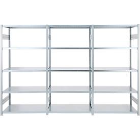 Regalkombination ORDO Industry, 1 Grundregal + 2 Anbauregale, 15 Fachböden, modular, Fachlast 140 kg, Feldlast 1200 kg, B 2330 x T 435 x H 2000 mm, verzinkt