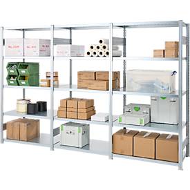Regalkombination ORDO Industry, 1 Grundregal + 2 Anbauregale, 15 Fachböden, modular, Fachlast 140 kg, Feldlast 1200 kg, B 3080 x T 535 x H 2000 mm, verzinkt