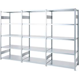 Regalkombination ORDO Industry, 1 Grundregal + 2 Anbauregale, 15 Fachböden, modular, Fachlast 140 kg, Feldlast 1200 kg, B 3080 x T 535 x H 2000 mm, verzinkt