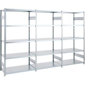 Regalkombination ORDO Industry, 1 Grundregal + 2 Anbauregale, 15 Fachböden, modular, Fachlast 185 kg, Feldlast 1200 kg, B 3980 x T 535 x H 2000 mm, verzinkt