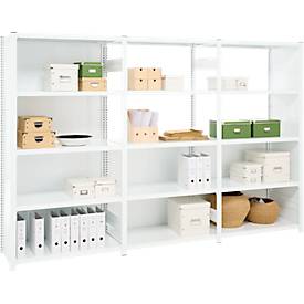 Regalkombination ORDO Professional, 1 Grundregal + 2 Anbauregale, 15 Böden, modular, Fachlast 130 kg, Feldlast 1000 kg, B 2330 x T 535 x H 2500 mm, verkehrsweiß