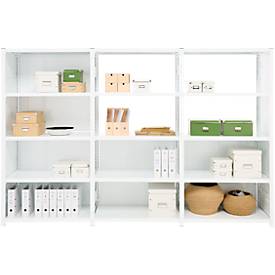 Regalkombination ORDO Professional, 1 Grundregal + 2 Anbauregale, 15 Böden, modular, Fachlast 185 kg, Feldlast 1000 kg, B 3980 x T 535 x H 2500 mm, verkehrsweiß 