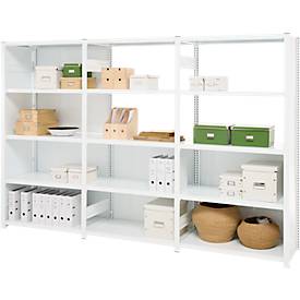Regalkombination ORDO Professional, 1 Grundregal + 2 Anbauregale, 15 Böden, modular, Fachlast 185 kg, Feldlast 1200 kg, B 3980 x T 835 x H 2000 mm, verkehrsweiß