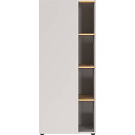 Regalschrank Athen, 4 Fächer, 3 Fachböden, 1 grifflose Tür, 5 Gleiter, B 610 x T 340 x H 1450 mm, Holz, kaschmir/Navarra Eiche