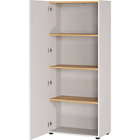 Regalschrank Athen, 4 Fächer, 3 Fachböden, 1 grifflose Tür, 5 Gleiter, B 610 x T 340 x H 1450 mm, Holz, kaschmir/Navarra Eiche