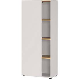 Regalschrank Athen, 4 Fächer, 3 Fachböden, 1 grifflose Tür, 5 Gleiter, B 610 x T 340 x H 1450 mm, Holz, kaschmir/Navarra Eiche