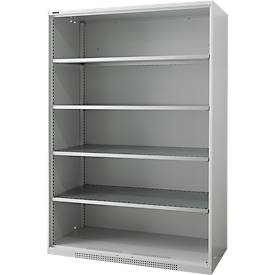 Regalschrank FS, Stahlblech, mit Belüftungslöchern, B 1343 x T 620 x H 1950 mm, 5 OH, Lichtgrau, bis 750 kg