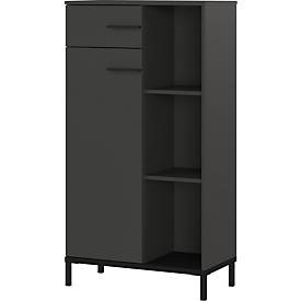 Regalschrank Monaco, 3 Fächer, 2 Fachböden, 1 Schublade, 1 Tür mit Griffen, B 640 x T 340 x H 1200 mm, Holz/Metall, graphit/schwarz