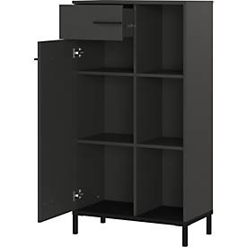 Regalschrank Monaco, 3 Fächer, 2 Fachböden, 1 Schublade, 1 Tür mit Griffen, B 640 x T 340 x H 1200 mm, Holz/Metall, graphit/schwarz
