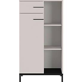 Regalschrank Monaco, 3 Fächer, 2 Fachböden, 1 Schublade, 1 Tür mit Griffen, B 640 x T 340 x H 1200 mm, Holz/Metall, kaschmir/schwarz